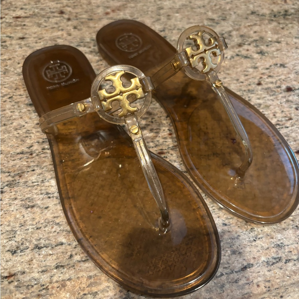 Tory Burch Brown Clear Logo Jelly Thong Sandals